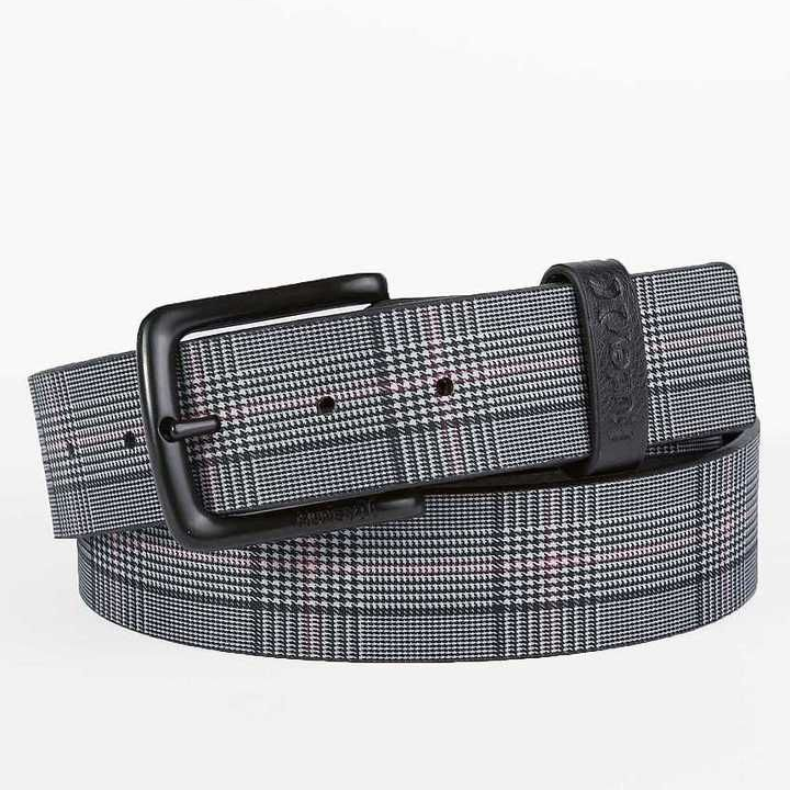Gray Check Pattern Belt with Black Pin Buckle